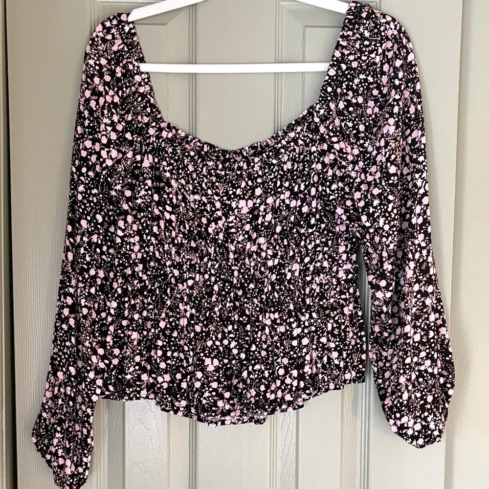 J. Crew Black and Pink Floral Blouse